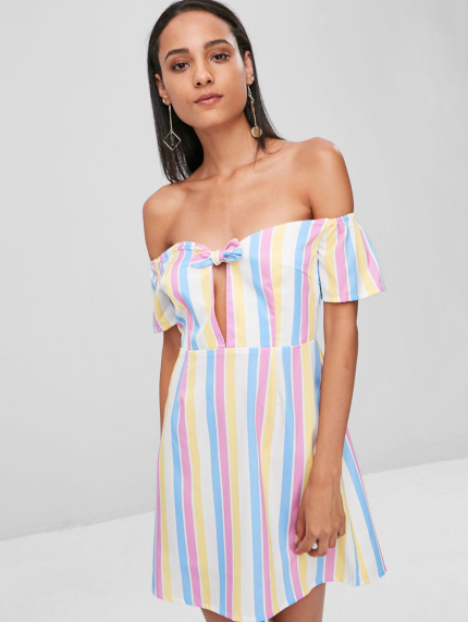 Knotted Stripes Off Shoulder Dress