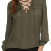 Long Sleeve V-Neck Lace Up Bandage Chiffon Blouses