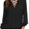 Long Sleeve V-Neck Lace Up Bandage Chiffon Blouses - Image 4