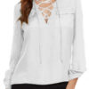 Long Sleeve V-Neck Lace Up Bandage Chiffon Blouses - Image 5