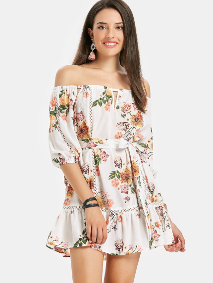 Off Shoulder Floral Flounce Beach Dress