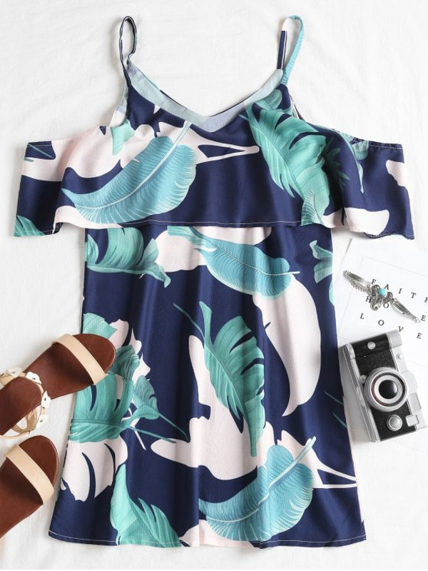 Ruffle Tropical Cold Shoulder Mini Dresses