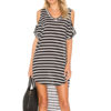 Striped V Neck Short Sleeve Cold Shoulder High Low T Shirt