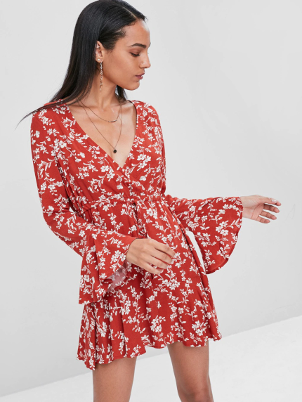 Surplice Floral Flare Sleeve Dress