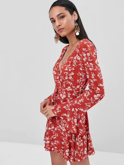 Surplice Floral Flare Sleeve Dress - Image 4