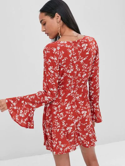 Surplice Floral Flare Sleeve Dress - Image 2