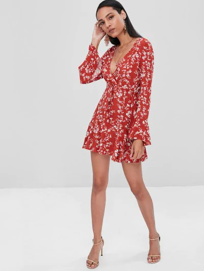 Surplice Floral Flare Sleeve Dress - Image 3