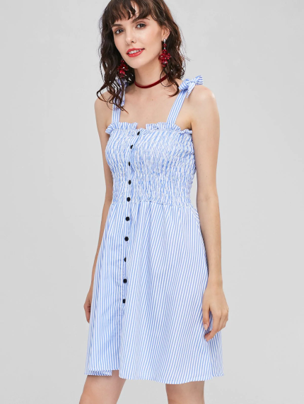 Tie Shoulders Shirred Striped Dress