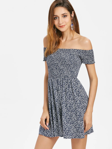 Tiny Floral Smocked Off Shoulder Dress