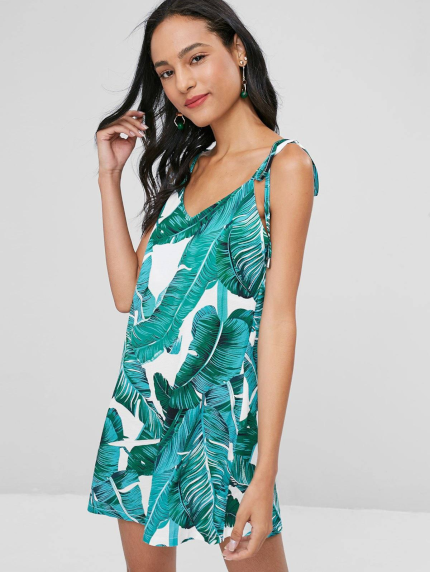 Tropical Print Tie Shoulder Mini Slip Dress