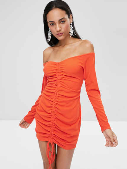 Long Sleeve Tie Ruched Bodycon Dress