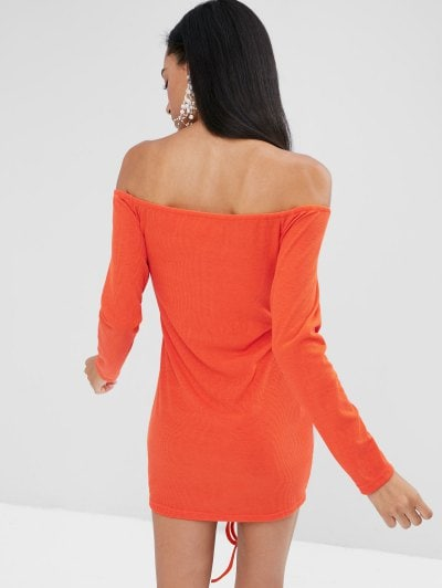 Long Sleeve Tie Ruched Bodycon Dress - Image 3