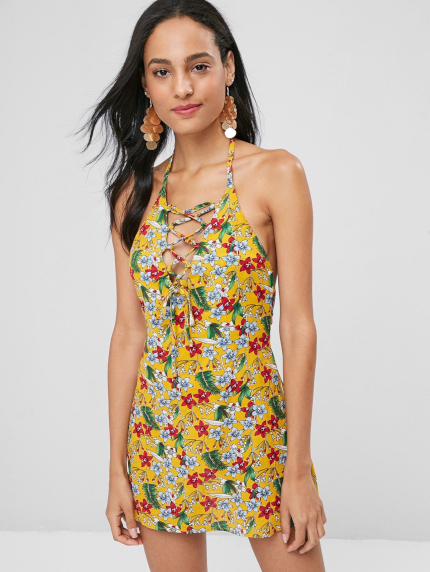 Open Back Lace Up Mini Dress