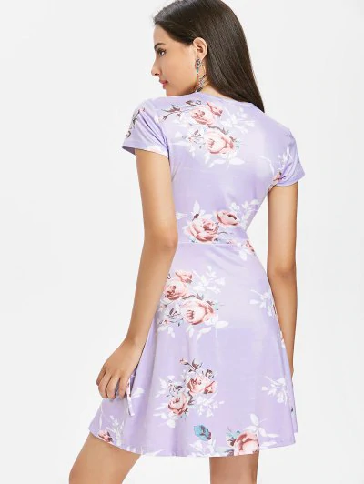 Surplice Plunge Flower Pattern Dress - Image 4