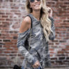 Camo Round Neck Long Sleeve Cold Shoulder T Shirt - Image 2
