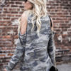 Camo Round Neck Long Sleeve Cold Shoulder T Shirt - Image 3