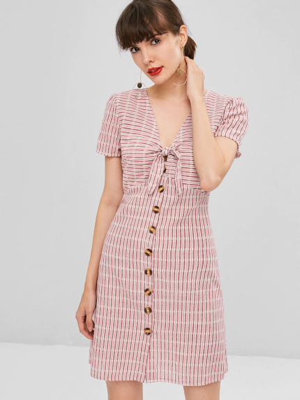 Knot Striped Button Up Shirt Dress