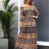 Summer Floral Print Slash Neck Boho Maxi Dress