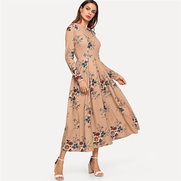 Flower Print Fit and Flare Round Neck Long Sleeve Dress