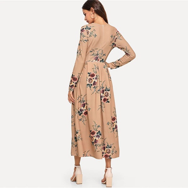 Flower Print Fit and Flare Round Neck Long Sleeve Dress - Image 2