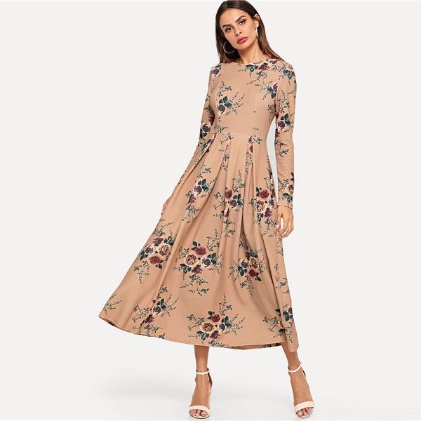 Flower Print Fit and Flare Round Neck Long Sleeve Dress - Image 3