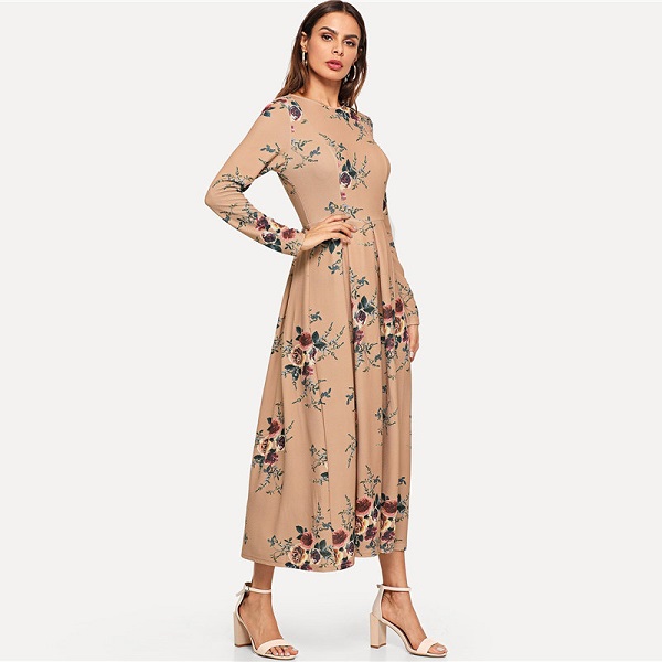 Flower Print Fit and Flare Round Neck Long Sleeve Dress - Image 4