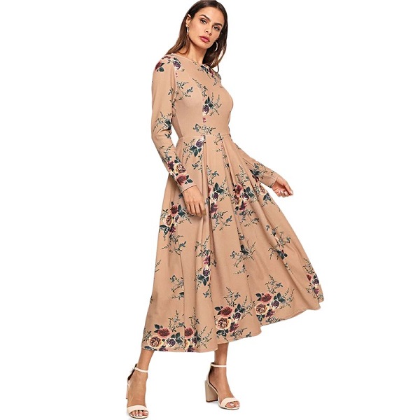 Flower Print Fit and Flare Round Neck Long Sleeve Dress - Image 5