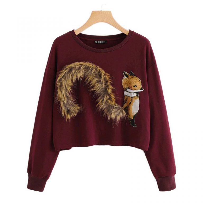 Burgundy Round Neck Faux Fur Sweat shirt - Image 4