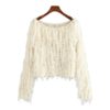 Casual Elegant Boat Neck Long Sleeve Loose Knit Fuzzy Fringe Sweater - Image 4
