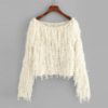 Casual Elegant Boat Neck Long Sleeve Loose Knit Fuzzy Fringe Sweater - Image 3