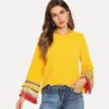 Embroidery Tape And Fringe Bell Sleeve Textured Blouse Color block Tiered Layer Women Autumn Flounce Sleeve Top