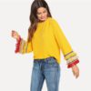 Embroidery Tape And Fringe Bell Sleeve Textured Blouse Color block Tiered Layer Women Autumn Flounce Sleeve Top - Image 2