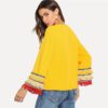 Embroidery Tape And Fringe Bell Sleeve Textured Blouse Color block Tiered Layer Women Autumn Flounce Sleeve Top - Image 3