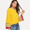 Embroidery Tape And Fringe Bell Sleeve Textured Blouse Color block Tiered Layer Women Autumn Flounce Sleeve Top - Image 4