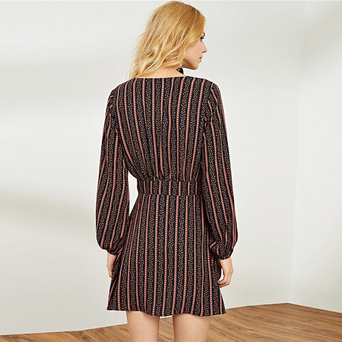 Multi color Office Lady Wrap Polka Dot Print Natural Waist Long Sleeve High street Dress - Image 2