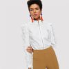 White Frill Trim O-Ring Zip Up Blouse Elegant Plain Long Sleeve Blouse Women Autumn Casual Office Lady Shirt Top