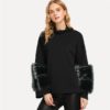 Black Faux Fur Contrast Solid Pullover Casual
