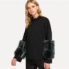 Black Faux Fur Contrast Solid Pullover Casual - Image 3