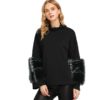 Black Faux Fur Contrast Solid Pullover Casual - Image 4