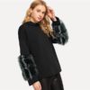 Black Faux Fur Contrast Solid Pullover Casual - Image 5