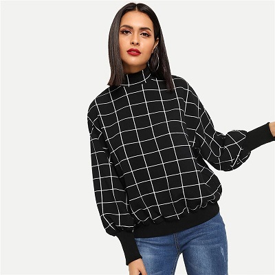 Black Minimalist Grid Plaid Women Sweatshirts