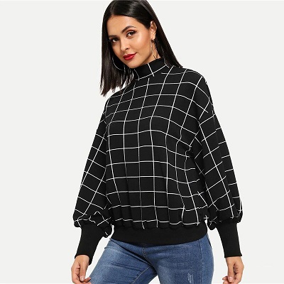 Black Minimalist Grid Plaid Women Sweatshirts - Image 2
