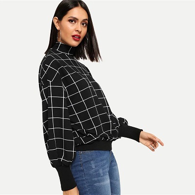 Black Minimalist Grid Plaid Women Sweatshirts - Image 4