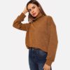 Brown High Neck Solid Pullover Plain Sweatshirt - Image 3