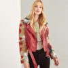 Burgundy Zip Front Belted Soft Faux Fur Contrast Jacket - Image 4