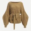 Khaki Highstreet Belted Workwear Elegant Women Sweaters