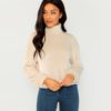 Elegant High Neck Faux Fur Belted Solid Pullover Sweatshirt