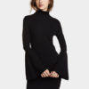 Black Knitted Dress Bell Long Sleeves High Neck Women Dress