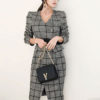 Black Party Dress Long Sleeve Bodycon Dress V Neck Plaid Buttons Belt Shaping Midi Dress