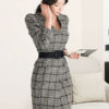 Black Party Dress Long Sleeve Bodycon Dress V Neck Plaid Buttons Belt Shaping Midi Dress - Image 4